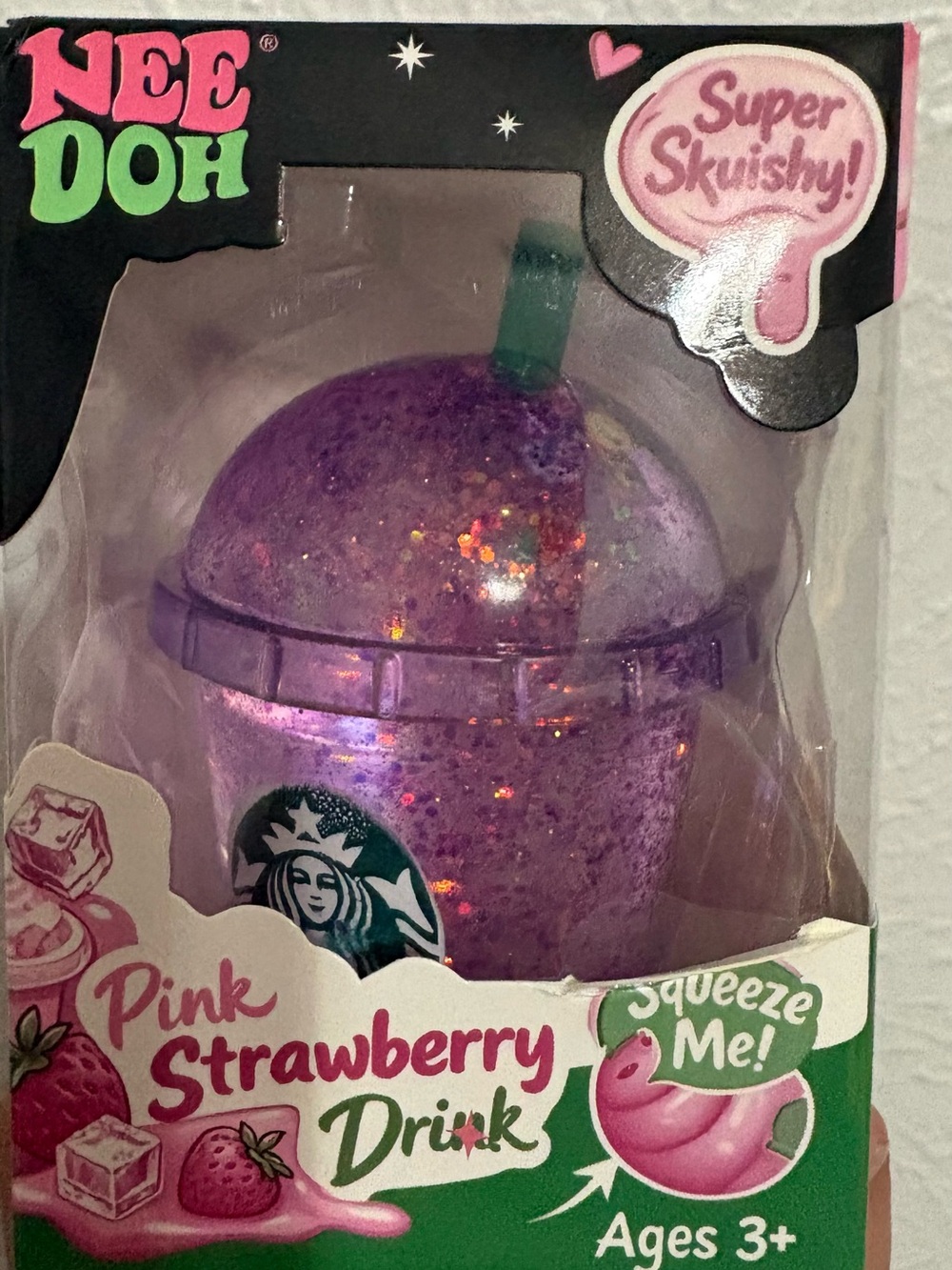 Pink Strawberry Drink Sb Cup Squishy Toy in Purple Glittery Color